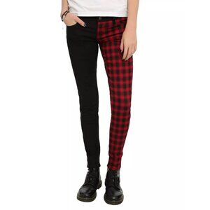 Royal Bones Buffalo Check Split Leg Skinny Jeans Mid-Rise Slim red goth‎ sz 9